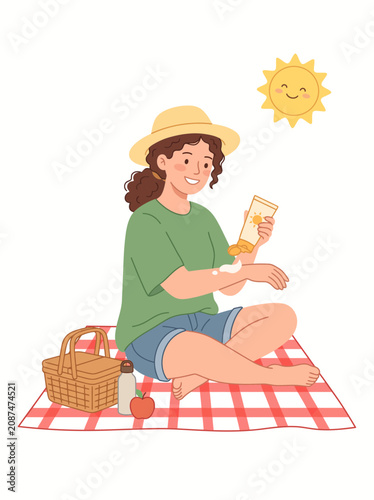 Woman applying sunscreen during a sunny picnic