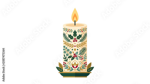 Photography Christmas Candle Illustration with Festive Floral Decorations and Burning Flame