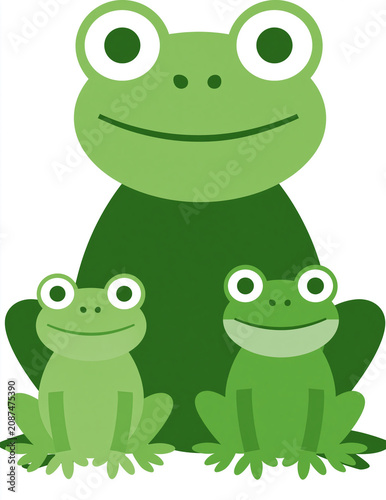A cartoon illustration of a large frog sitting behind two smaller frogs, all in shades of green.