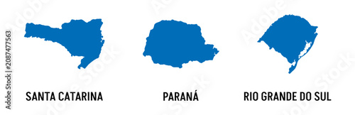 Vector Illustration of the Three Southern States of Brazil Maps Featuring Paraná, Santa Catarina and Rio Grande do Sul Isolated on Transparent Background
