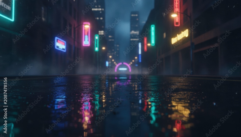 Fototapeta premium Futuristic Neon-Lit City Street at Night with Reflections on Wet Pavement