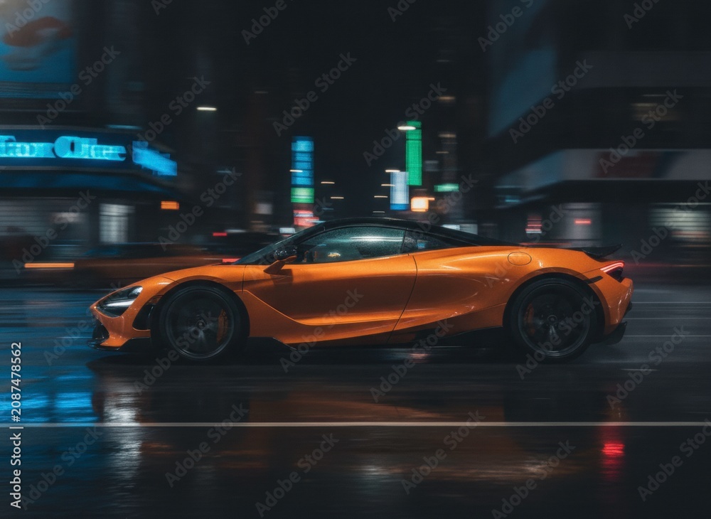 Fototapeta premium Orange sports car speeding through city streets at night with blurred motion