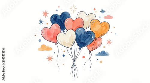 Quadro su tela Artistic watercolor vector illustration featuring romantic flying heart-shaped balloons floating upwards, perfect for Valentine greeting cards, isolated on a clean white background