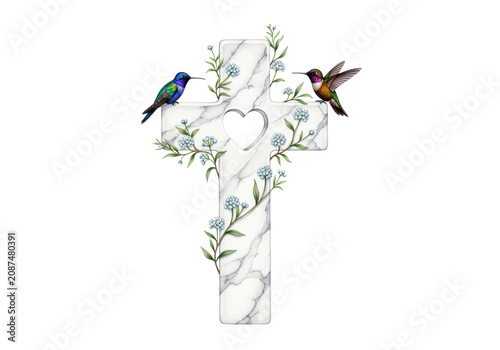 detailed watercolor of an elegant white marble cross featuring a heart cutout, wrapped in delicate green vines and white-blue blossoms. two iridescent hummingbirds float on a transparent background.