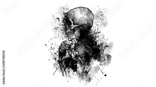 Artistic skull illustration in black and white against a plain background