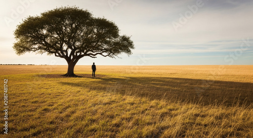 A lone figure stands beneath a large, mature tree in a vast, sunlit field, casting a long shadow on the dry, golden grass under a clear sky