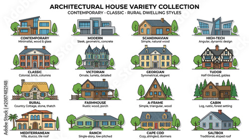 Architectural House Styles Collection: Contemporary, Classic, Rural Dwellings