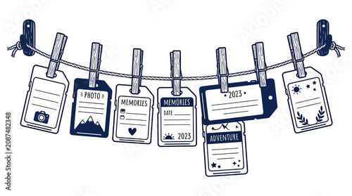 фотографія Hand-drawn illustration of photos and memories on a clothesline with clothespins