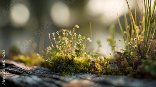 Close-up of vibrant moss and tiny plants growing on a weathered piece of wood in a natural