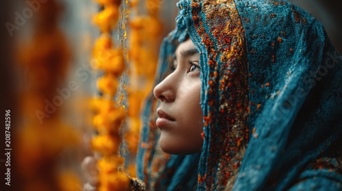 Portrait of a Young Woman in Traditional Attire with Beautiful Blue Headscarf and Ornamental