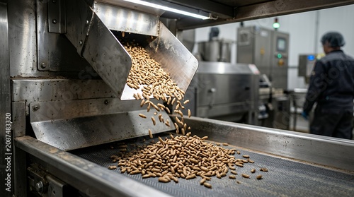 Pellets of animal feed are processed and dispensed onto a conveyor belt within an industrial food production facility processing manufacturing machinery automation food industry