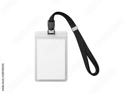 Blank white id badge holder with a black neck lanyard isolated on transparent background
