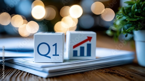 Q1 block with rising growth chart icon on paper. Successful business.