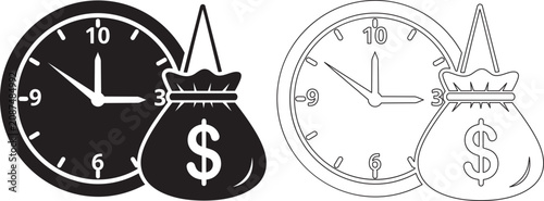 Time is money concept represented by a clock face and a money bag