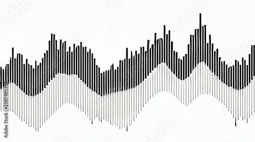 Abstract minimalist graphic design of digital data visualization with wavy black and grey lines representing audio frequency waves
