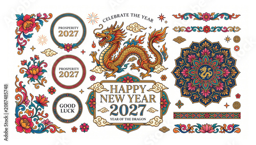 Happy New Year 2027 dragon greeting card and decorative ornament collection with golden dragon, floral borders and elegant vector illustration set