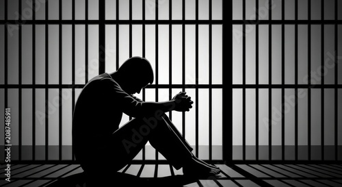 Silhouette of a sad man sitting in a prison cell