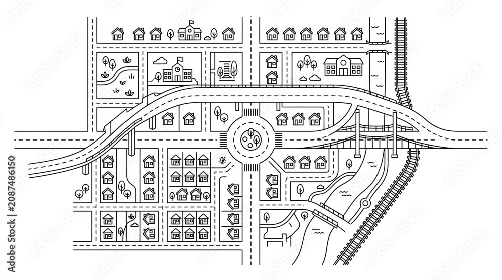 Obraz premium Hand-drawn City Map with Roads, Houses, and Roundabout