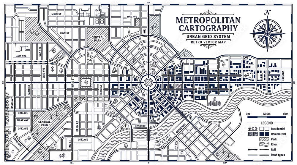 Fototapeta premium Metropolitan Cartography Urban Grid System Retro Vector Map