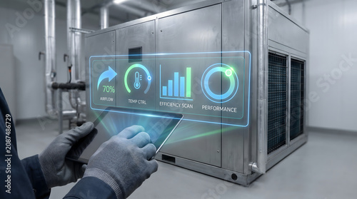 Engineer performing HVAC system inspection using holographic technology for industrial equipment analysis