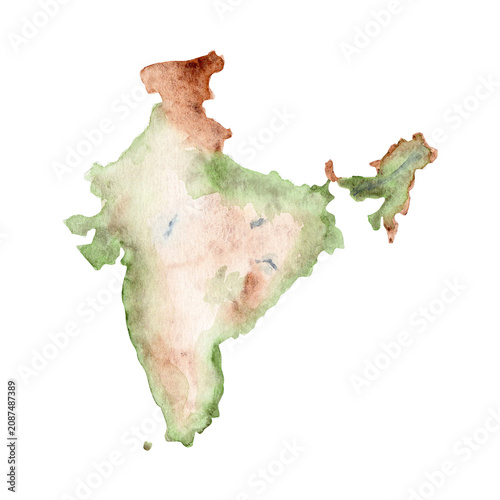 India watercolor map in natural green and brown tones with soft gradients and paper texture. Hand-painted clip art isolated on white. Perfect for travel, geography, decor, infographics, educational
