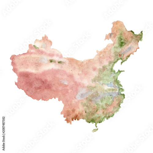 China watercolor map isolated on white in soft earthy tones, blending red, green, beige hues for natural artistic look. Ideal for travel posters, educational materials, infographics, editorial design