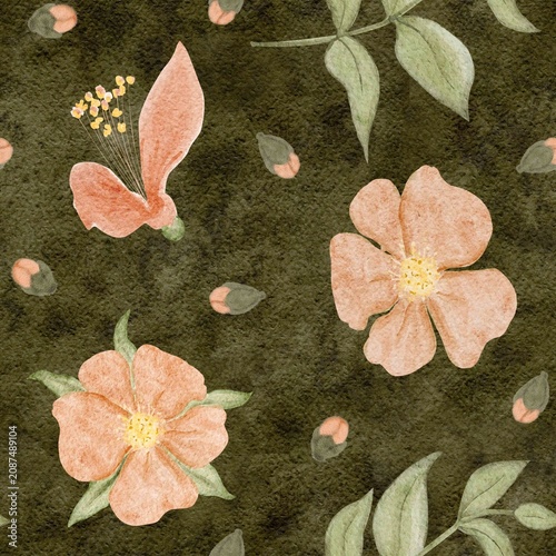 Seamless watercolor floral pattern, small peach blossoms scattered on deep olive. Minimal botanical surface design for fashion textiles, fabric printing, packaging, stationery, modern lifestyle