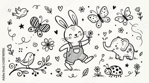 Adorable hand drawn animal and nature doodle set. Whimsical line art illustration with rabbit, elephant, birds, butterflies.
