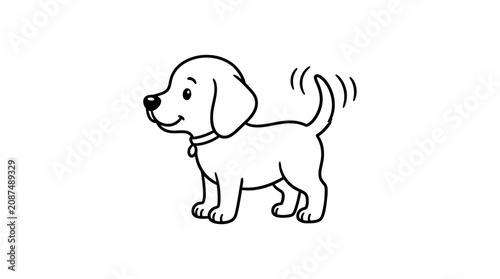 Happy cartoon puppy wagging tail line art illustration. Cute black and white outline drawing of a smiling domestic dog.