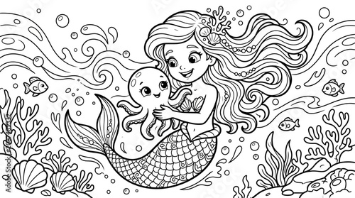 Cute Mermaid and Baby Octopus Underwater Coloring Page. Adorable Cartoon Sea Creature Friends, Ocean Life Illustration for Kids' Activity Book.