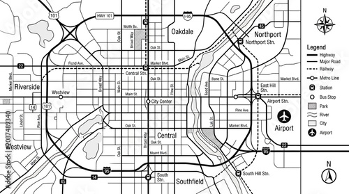 Obraz na płótnie City Map Aerial View: Urban Street Network, Highways, and River