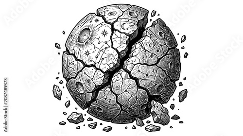 Foto Cracked Celestial Sphere with Constellations and Craters, Cosmic Breakup