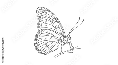Detailed black and white line art illustration of a butterfly with folded wings resting on a branch. Minimalist insect drawing.