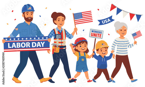  Labor Day parade celebration with family holding flag and signs for workers unity and national holiday content
