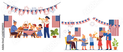 USA  family Day celebration with bunting flags and outdoor gathering for patriotic holiday and community event content