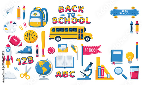 Back to school text design with backpack and supplies icons for education retail promotion and classroom season marketing