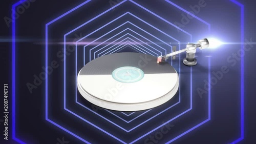 On cue turntable spinning arm sliding outward to play flares sweeping right camera panning looping