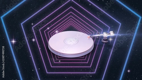 3D turntable rotating, tonearm lowering stylus and initiating inward sweep to reveal neon tunnel