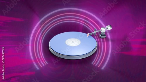 Blue vinyl record playing after neon arcs fading tonearm lowering tracking inward showing loop