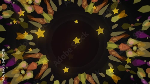 Central star cluster driving petals rotating inward, stars drifting, orbiting, forming radial scene
