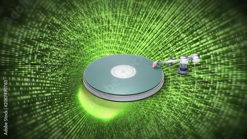 Camera pulling back, turning platter smaller in green tunnel while tonearm sliding inward to cue