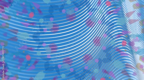 On loop start metallic ribs rolling diagonal, confetti drifting, highlights rising, forming loop