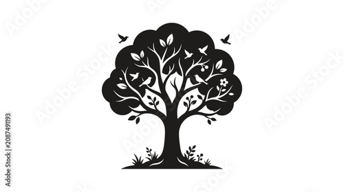 Принти на полотні Silhouette of a flourishing tree with birds and leaves, symbol of nature and lif