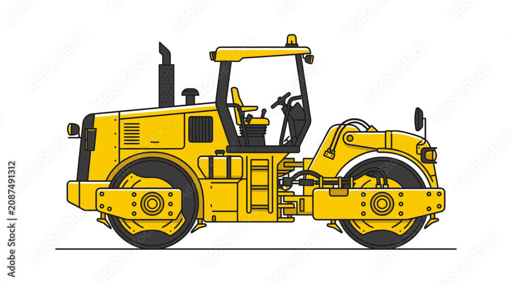 Obraz premium Yellow Road Roller Construction Vehicle Vector Illustration