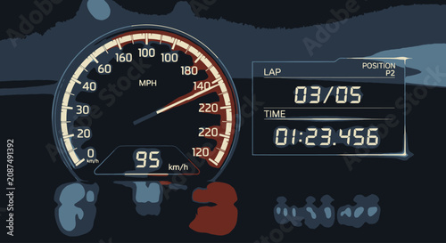 Racing Car Dashboard Speedometer and Digital Lap Counter Interface Design