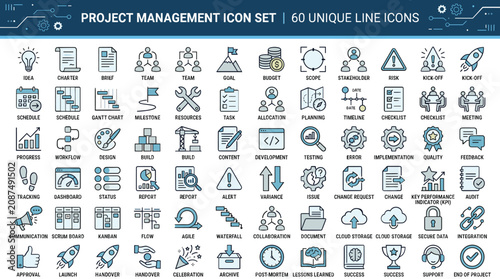 Project management icon set, 60 unique line icons for business workflow, agile software development and corporate planning vector collection