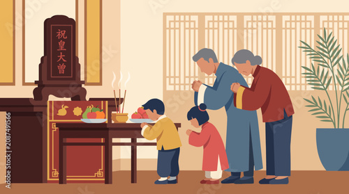 Photography Family Bowing Before Ancestor Memorial Tablet Flat Style Vector Illustration