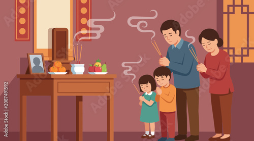 Photos Family Burning Incense for Ancestor Worship Flat Style Vector Illustration