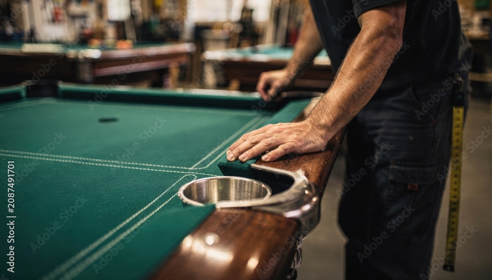 Obraz premium Shot of worker assessing freshly installed table felts cup holders and stitching details while the rest of the workshop fades softly.