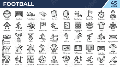 Fotografía Football and soccer line icons set, 45 professional sports equipment and player